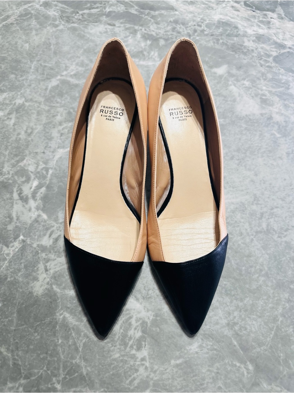 Francesco Russo Leather Block Heels Asymmetrical Cap Toe Slip On Size 39 8.5-9